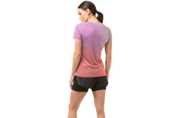 Ronhill Women's tech godlen hour tee, Jam and stardust merge, view from back displayed on model