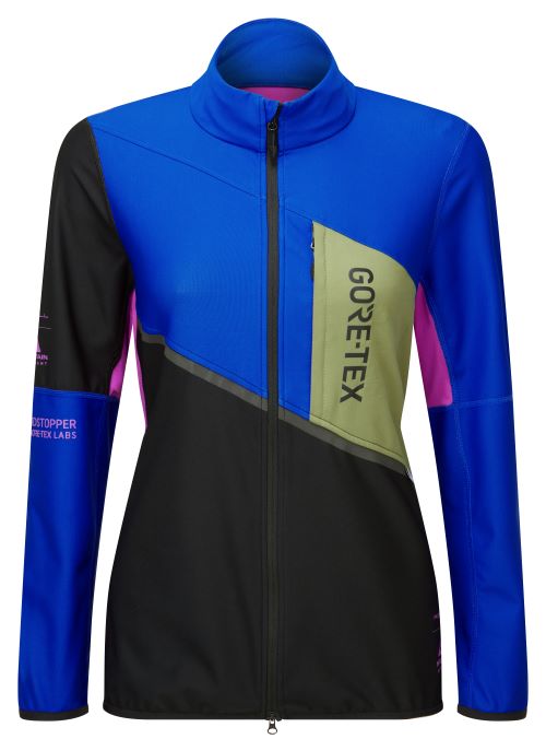Front view of the women's tech Gortex wind-stopper jacket, black cobalt