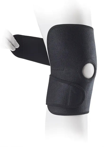 Ultimate performance wrap around knee support showing velcro open, front view