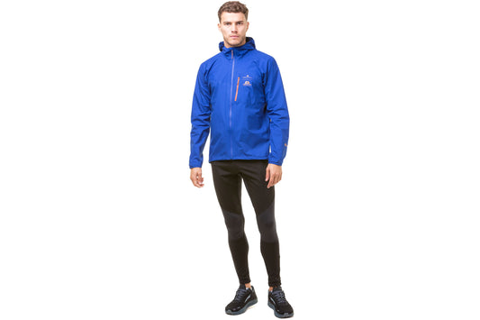 Mens Jacket by Ronhill - Tech Goretex Mercurial jacket in a dark cobalt colour. Photo is a front view of the jacket worn by someone.