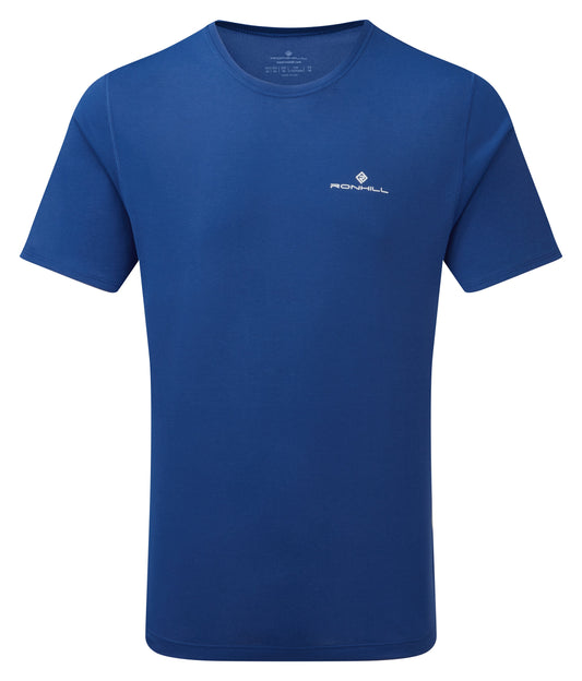 Men's short sleeve tee. This is a men's core short sleeve sleeve tee by Ronhill. It has a relaxed fit, made of a breathable 100% polyester vapourlite fabric, has wicking. A great men's short sleeve running tee. Picture is the front view of the tee and is dark cobalt in colour.