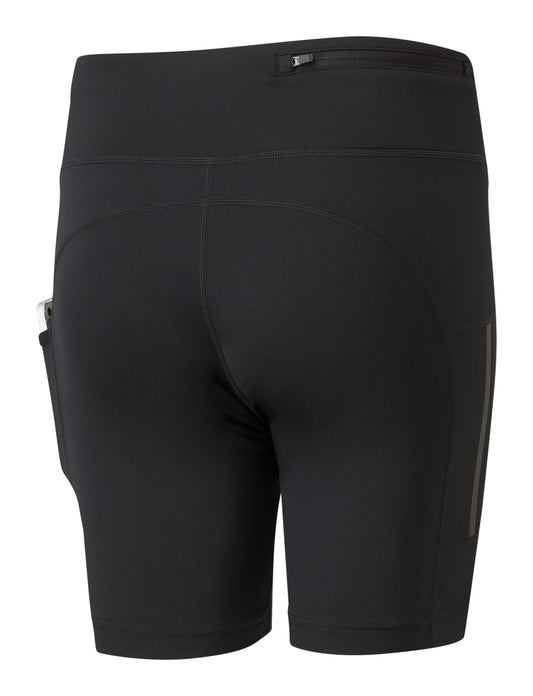 Women's shorts - Women's tech revive stretch shorts by Ronhill. The material is lightweight, made of recycled yarn, breathable and moisture wicking. It's also stretchy, giving free movement and prevents chaffing or the short's riding up. Also comes with a secure pocket and a stash pocket on the thigh. These shorts are in a black colour and the picture shows a back view of them.
