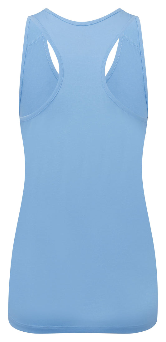 Women's tank top. This is a women's core tank top by Ronhill. It has a relaxed fit, made of a breathable 100% polyester vapourlite fabric, has wicking. A great women's running tank top. Picture is the front view of the tank top and is cornflour blue in colour.