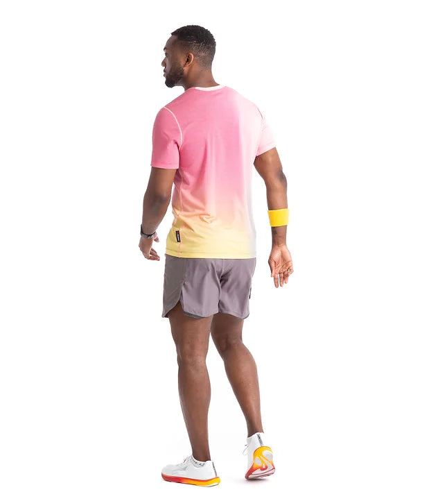 Ronhill's Men's Short Sleeve Running Tech Golden Hour t-shirt. Firecracker, mole merge, back view, shown on model.