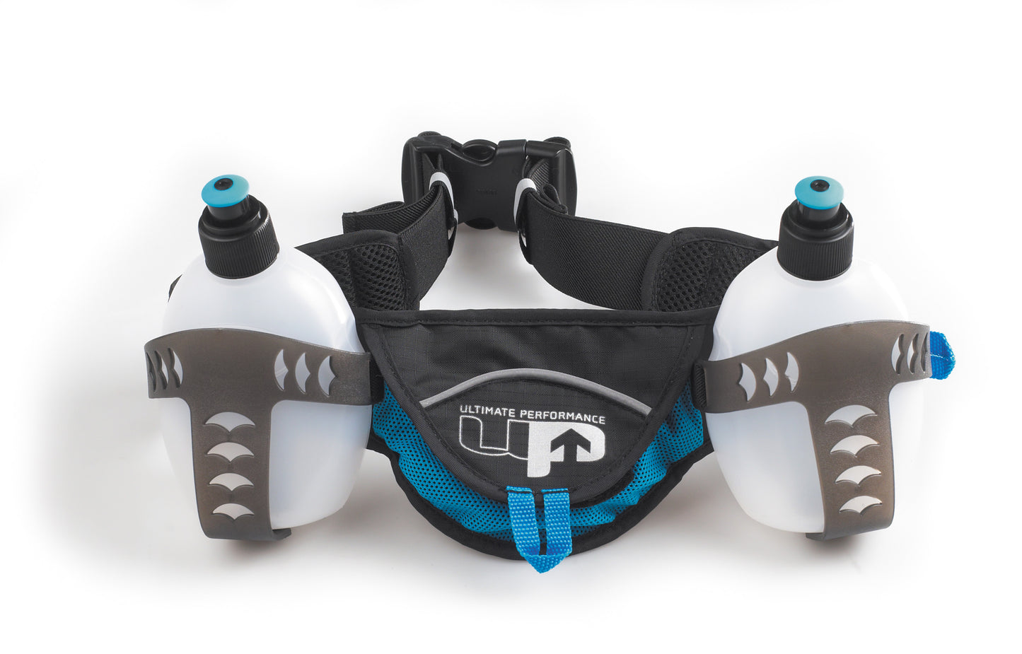 The Ultimate Performance™ AiraForce 2 Nutrition Belt
allows simple and easy access to the essential fluids or nutrition gels that athletes need to keep hydrated whilst they train. Colour Black and blue with 2 plastic bottles and storage pockets