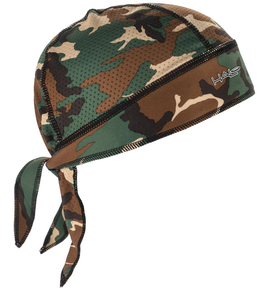 Halo Bandana camo Green with a sweat block seal. Tie version bandana for adjustment