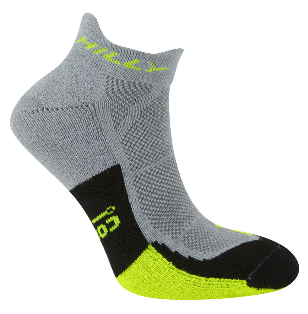 Extra thick cushioning and shock absorption in this super comfy padded running sock. Colour is Grey, Yellow and Black