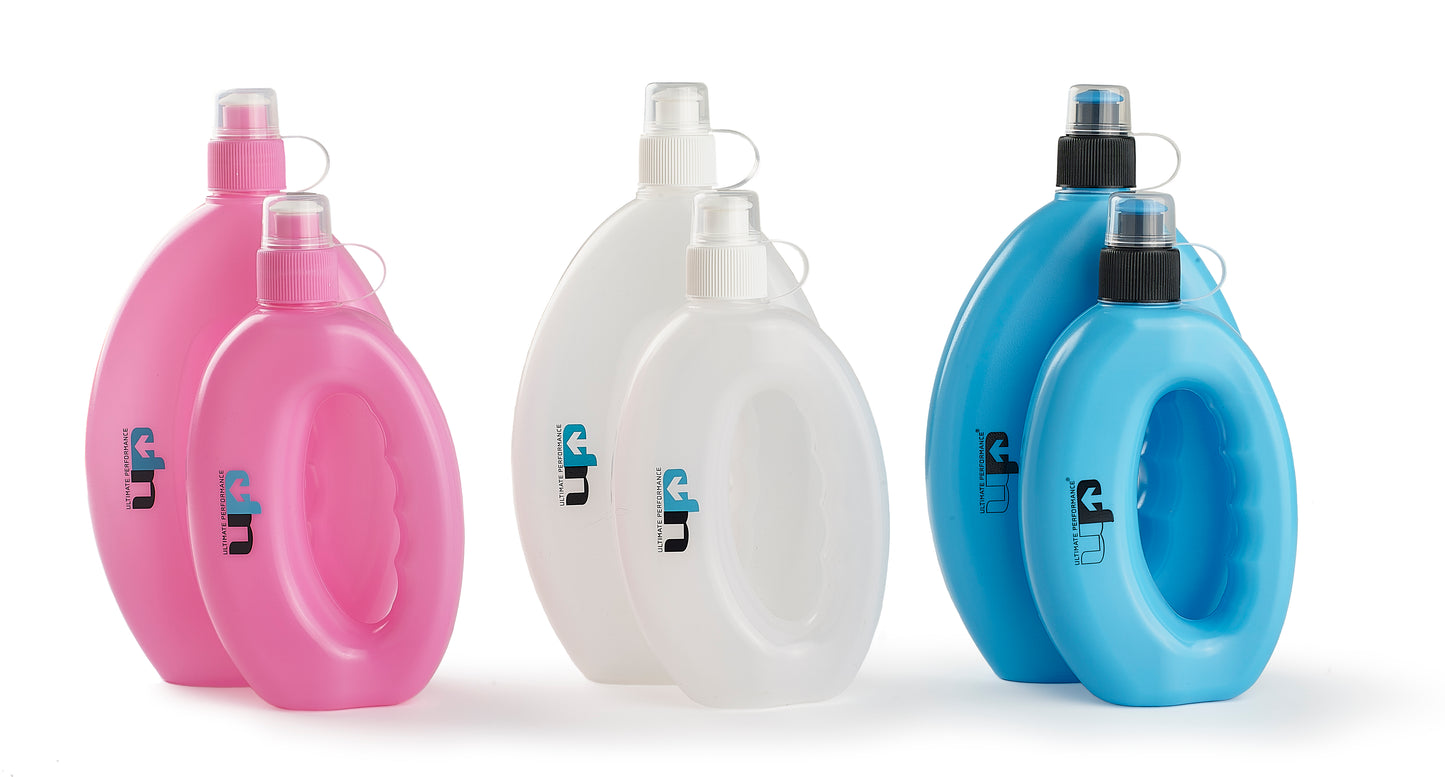 1000 ml UP hand held runners bottles, showing pink, blue and clear in both 300ml and 580ml