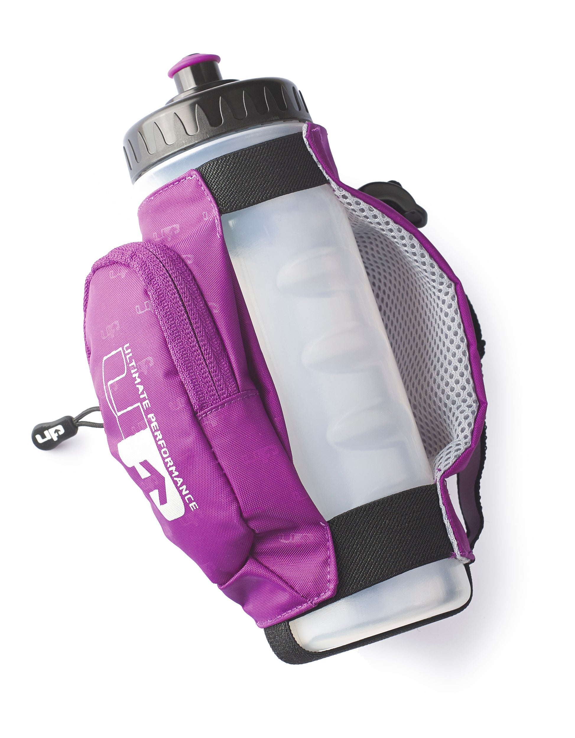 Kielder hand held plastic bottle. Features a purple cover with a zip pocket for valuables