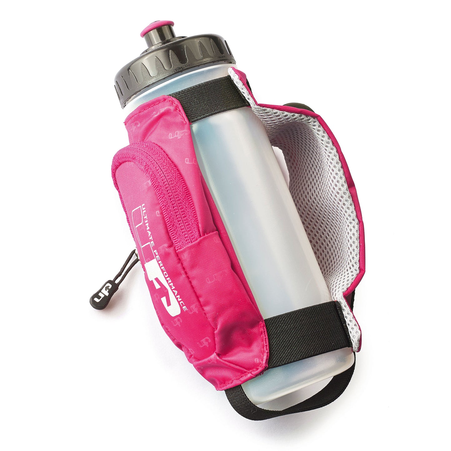 Kielder hand held plastic bottle. Features a purple cover with a zip pocket for valuables