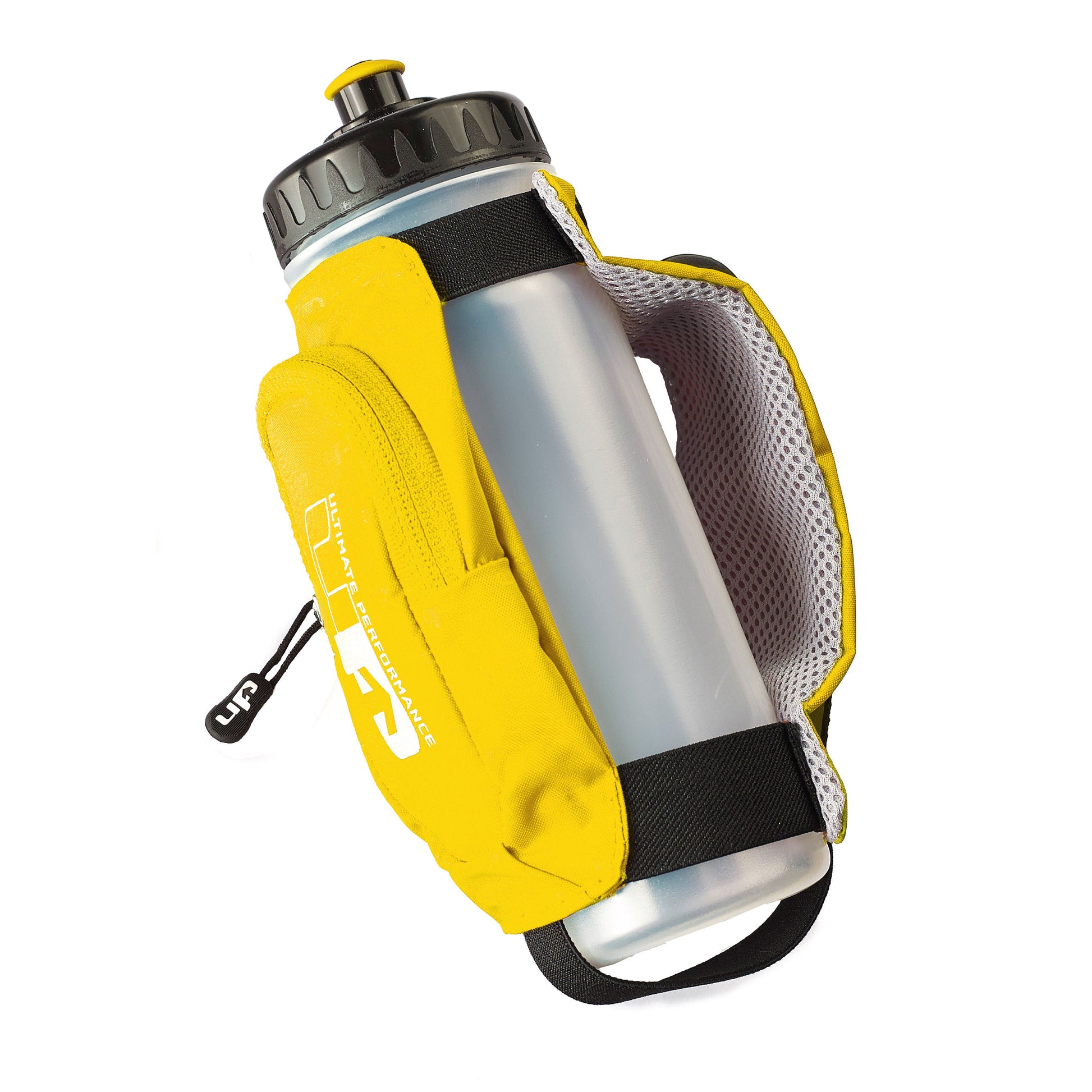 Kielder hand held plastic bottle. Features a purple cover with a zip pocket for valuables