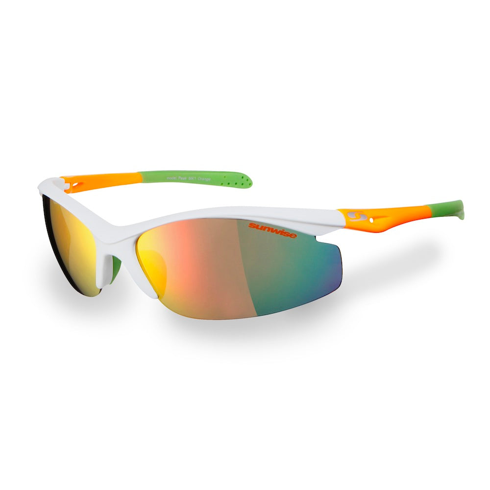 Sunwise sunglasses peak white with platinum lenses and green with orange features