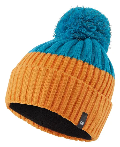 Ronhill bobble hat, mango and kingfisher, front view