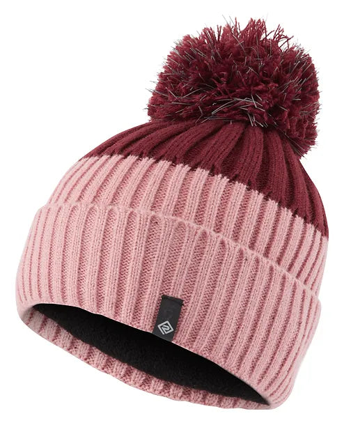 Ronhill bobble hat, blush and cabernet, front view
