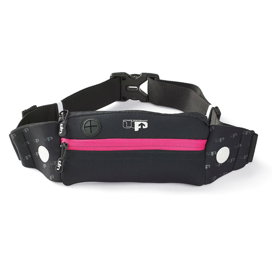 Titan Runners Waist pack Belt for runners to store their valuables and phone on a run. Colour Black with Pink features