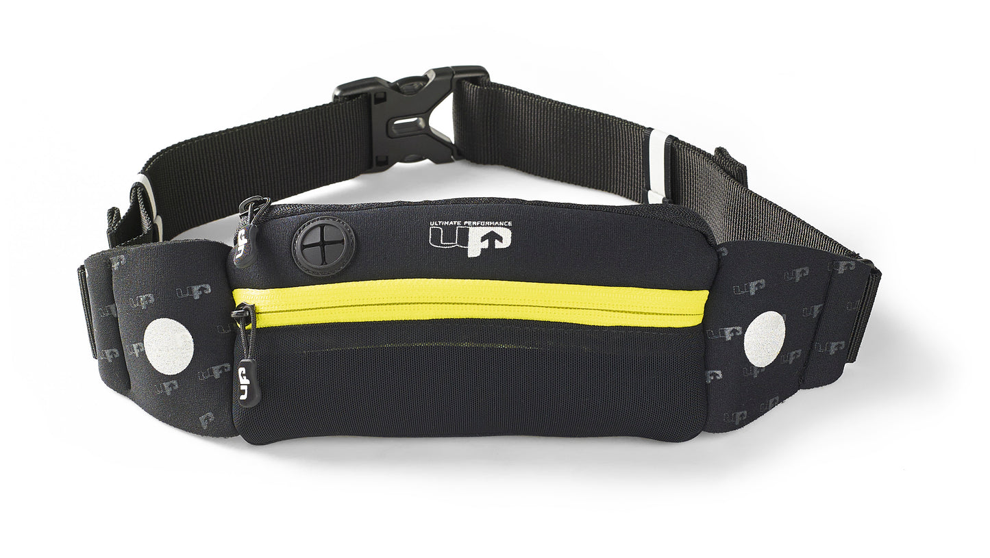 Titan Runners Waist pack Belt for runners to store their valuables and phone on a run. Colour Black with Yellow features