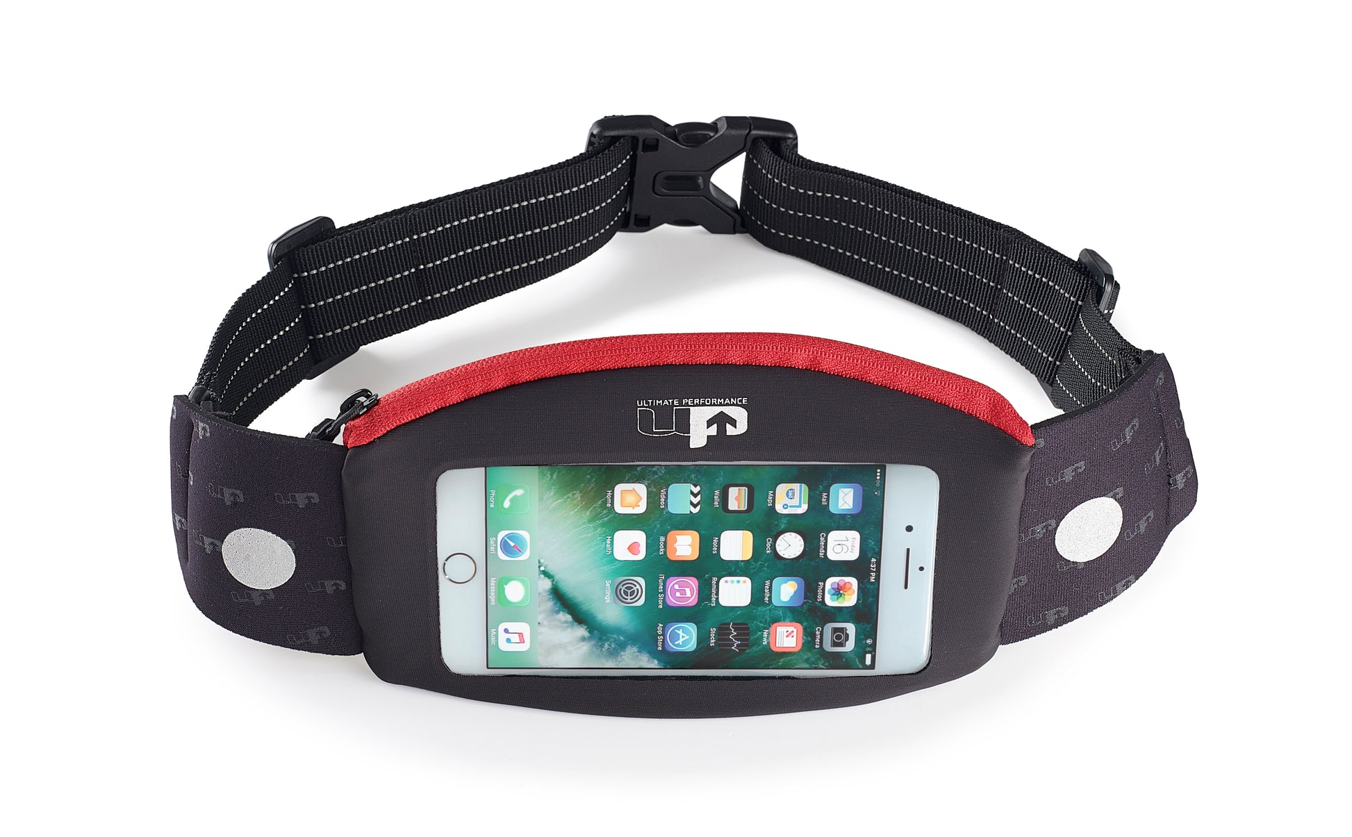 Titan Touch Waist pack running belt. Storage for all your valuables whilst running . Touch window enables use of smart phones whilst still inside the carrier. Black case colour with blue features 