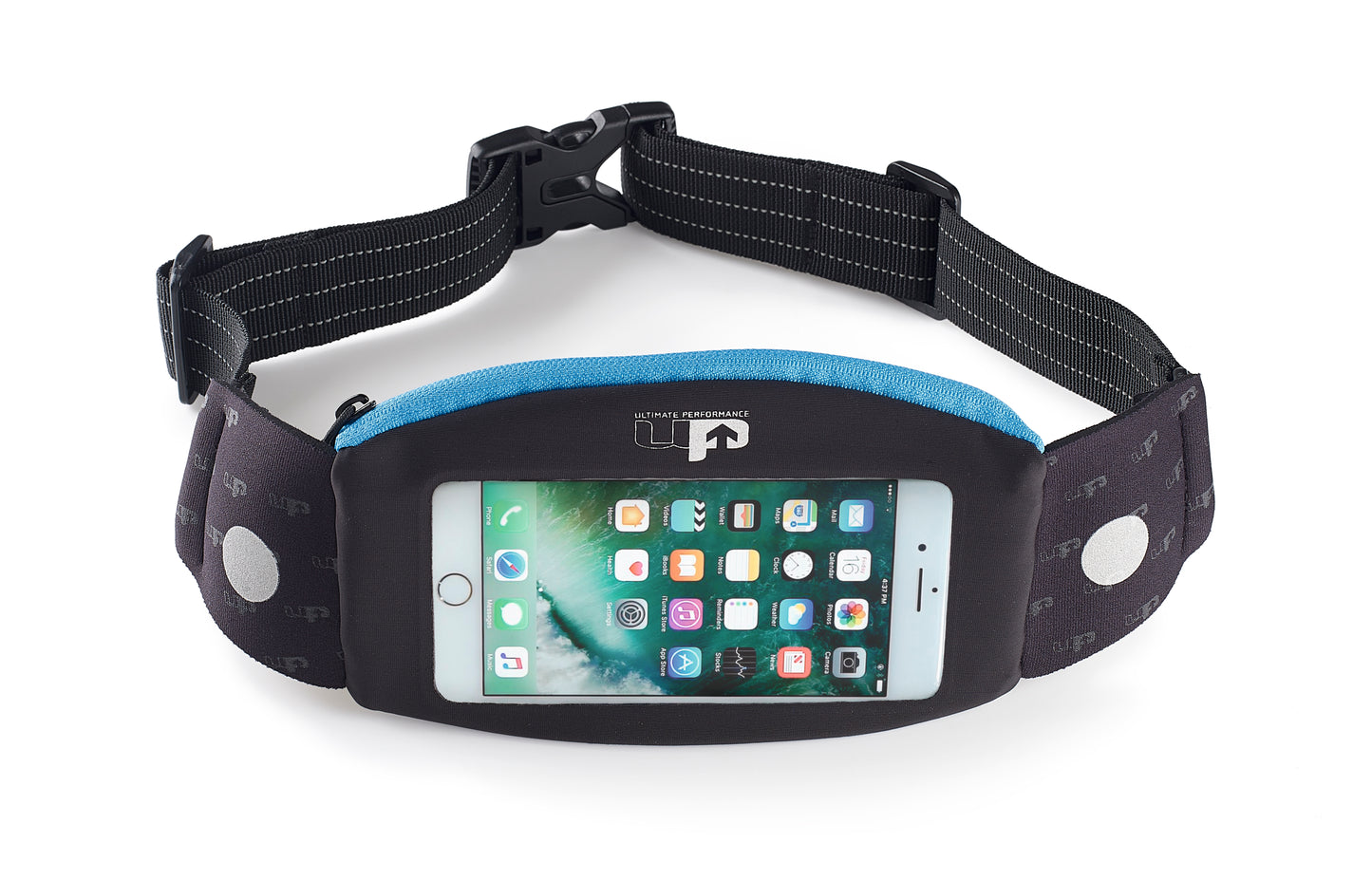 Titan Touch Waist pack running belt. Storage for all your valuables whilst running . Touch window enables use of smart phones whilst still inside the carrier. Black case colour with blue features 