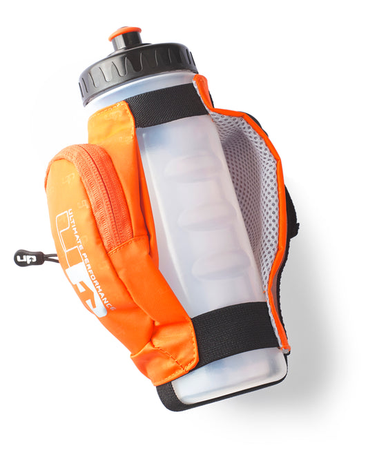 Kielder Hand held bottle with cover and  storage pocket. Colour Orange