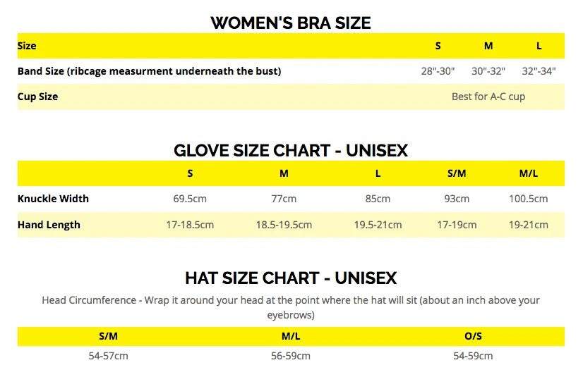 A hot, glove and bra size chart for Ronhill clothing