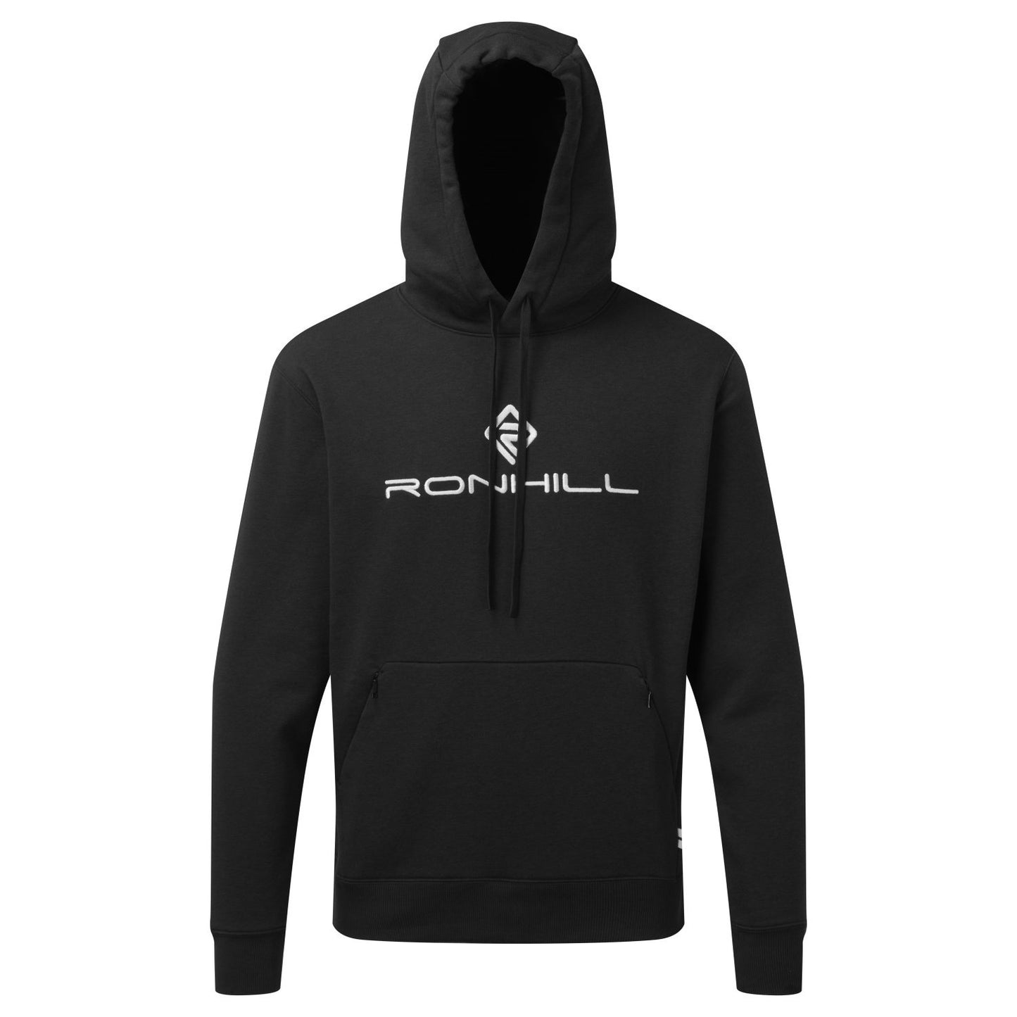 Men's hoodie - This is a mens hoodie life PB by Ronhill. Cosy choice for turning up for a run, or for relaxing and recovering from a tough training session. Made from recycled yarns material, features two zip pockets, draw cord, super soft and a relaxed fit. This hoodie comes in a black colour and the photo shows the front of the hoodie