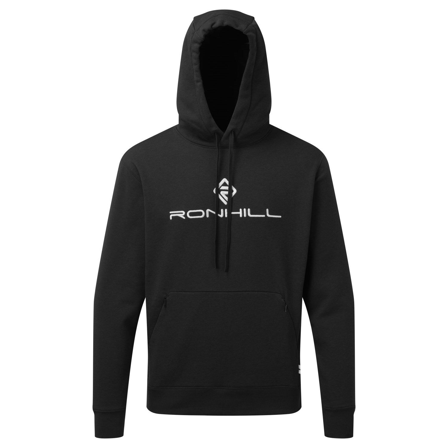 Men's hoodie - This is a mens hoodie life PB by Ronhill. Cosy choice for turning up for a run, or for relaxing and recovering from a tough training session. Made from recycled yarns material, features two zip pockets, draw cord, super soft and a relaxed fit. This hoodie comes in a black colour and the photo shows the front of the hoodie