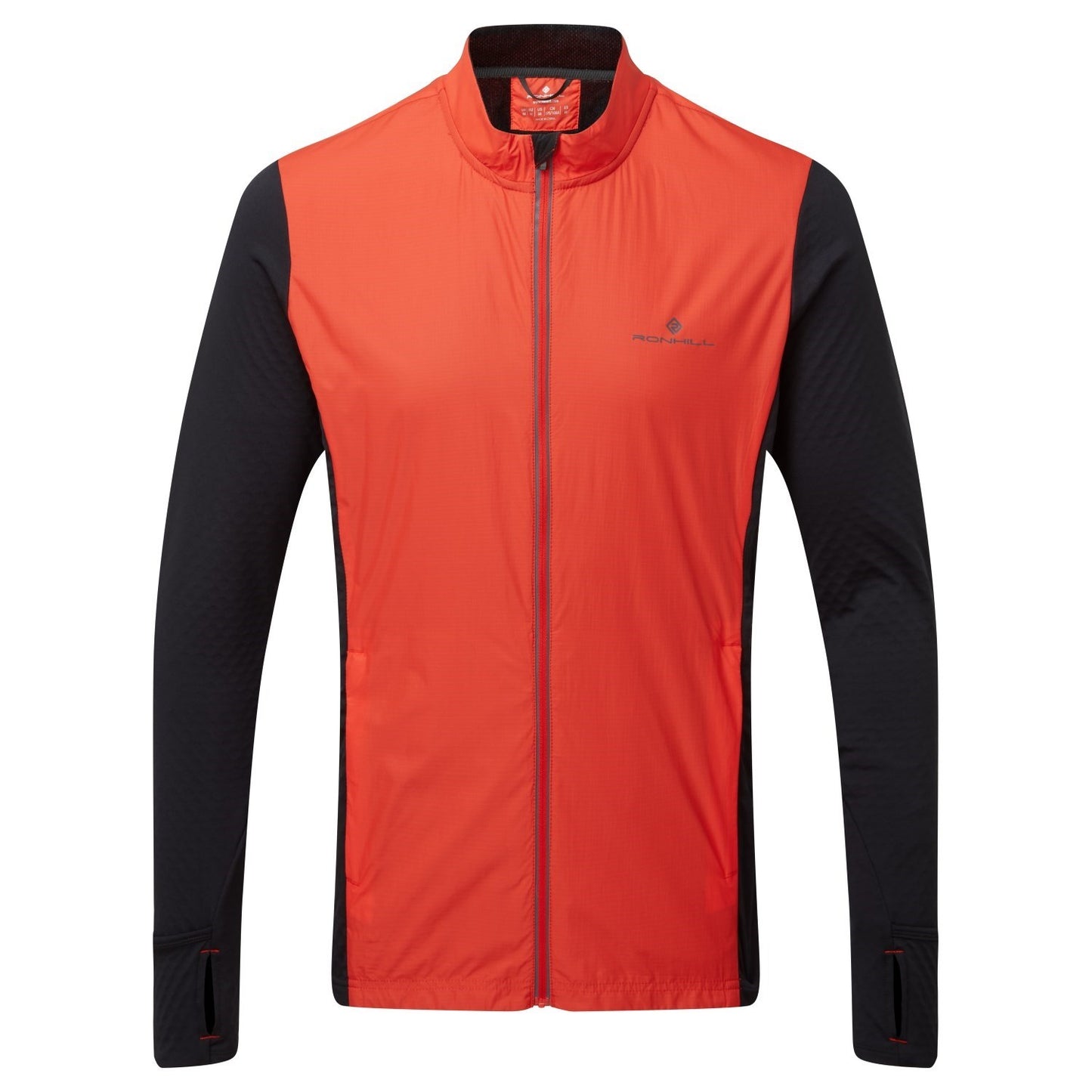 Men's jacket - A men's tech hyperchill jacket by Ronhill, super light weight insulation with wind protection. Perfect for running on cooler, colder days. Theral and soft for comfort, fast drying, breathable, stretch added for movement and support. Comes with 2 zipped hand warmer pockets and is a slim fit. This jacket comes in an orange (red/orange) and black colour. The photo shows the front view of the men's jacket.