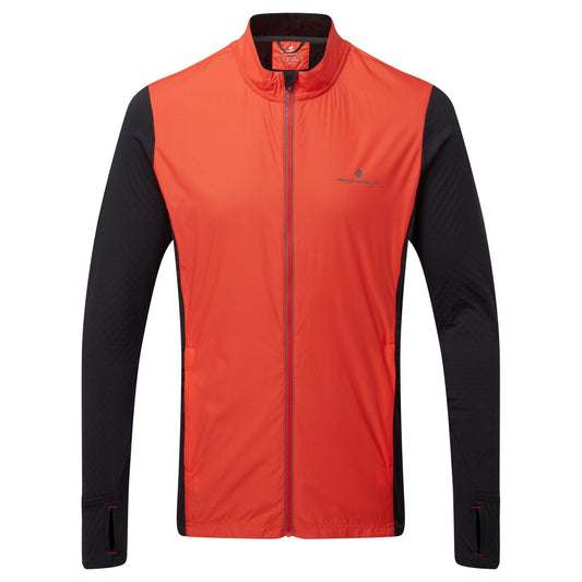 Men's jacket - A men's tech hyperchill jacket by Ronhill, super light weight insulation with wind protection. Perfect for running on cooler, colder days. Theral and soft for comfort, fast drying, breathable, stretch added for movement and support. Comes with 2 zipped hand warmer pockets and is a slim fit. This jacket comes in an orange (red/orange) and black colour. The photo shows the front view of the men's jacket.