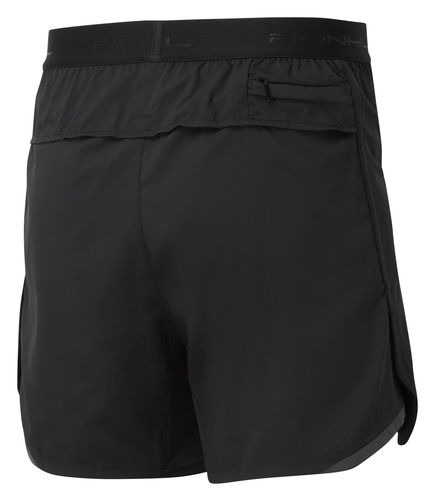 Mens running shorts - The men's tech revive 5 inch twin shorts by Ronhill is made of a light-weight, breathable material made from recycled yarn. It has a relaxed fit, a secure outer pocket, stretch for added movement, reflective strips to help you be seen and wicking to keep you dry. This item comes in black and the photo is a back view of the shorts