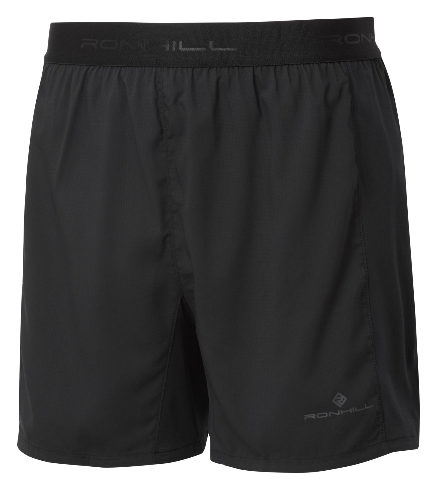 Mens running shorts - The men's tech revive 5 inch twin shorts by Ronhill is made of a light-weight, breathable material made from recycled yarn. It has a relaxed fit, a secure outer pocket, stretch for added movement, reflective strips to help you be seen and wicking to keep you dry. This item comes in black and the photo is a front view of the shorts