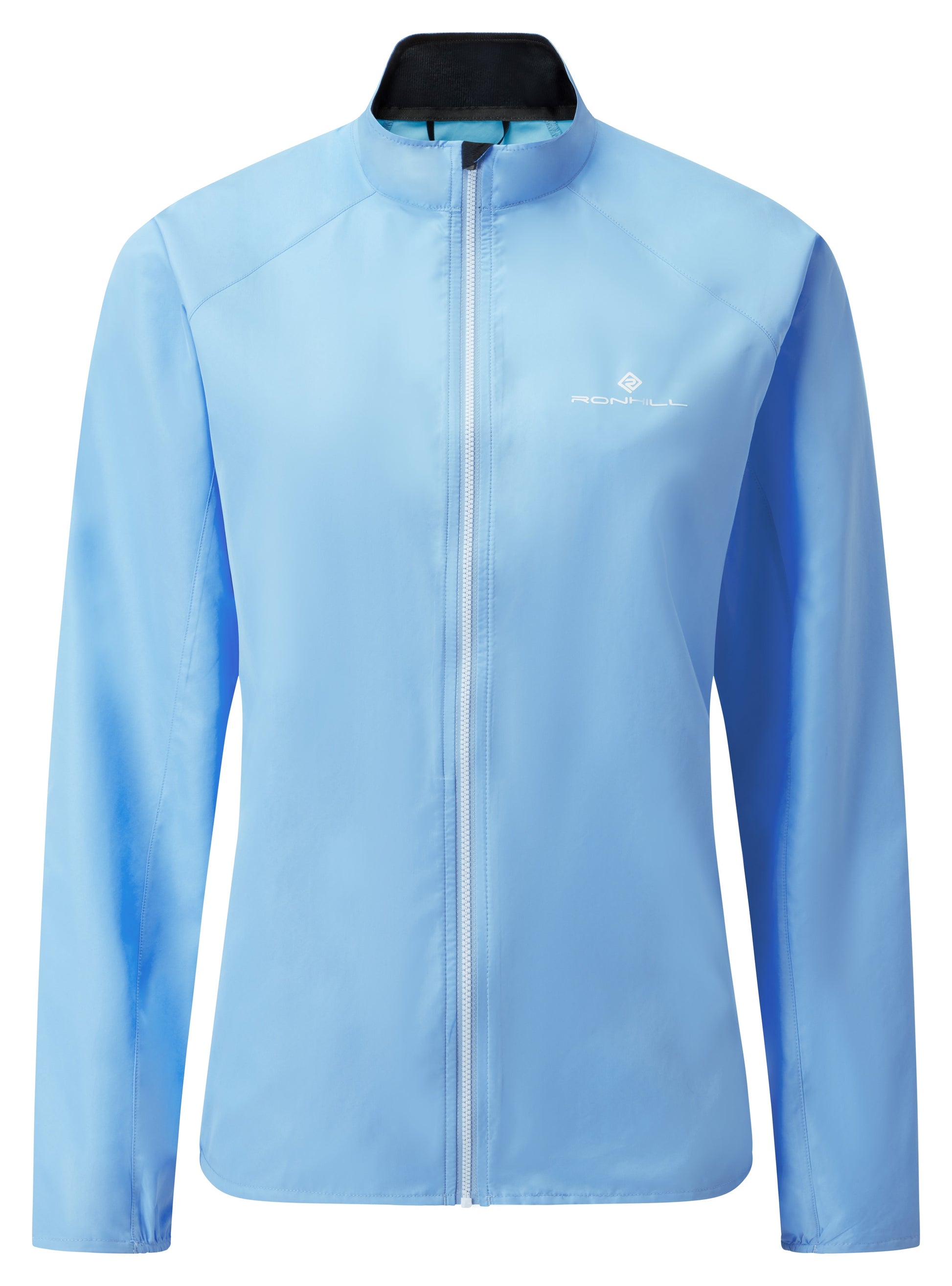 Women's Jacket - Core Running Jacket by Ronhill, in Cornflower Blue colour. This jacket is lightweight, wind proof and shower resistant. The collar is fleece-lined, for additional comfort on chilly days. The cuffs and hem are semi elasticated for a neat finish, and the front zip security pocket is easy to access. Front view of the jacket.