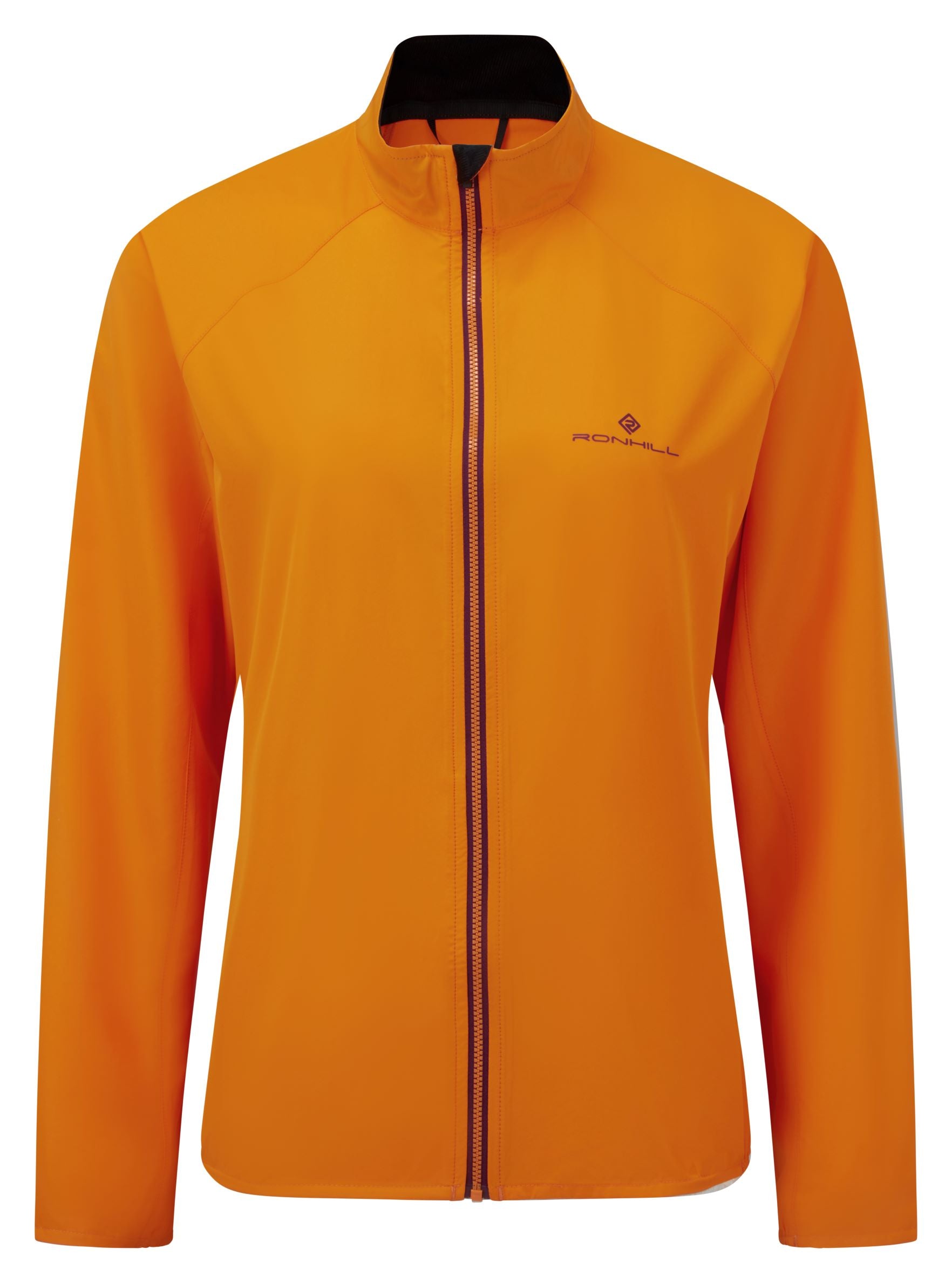 Women's Jacket - Core Running Jacket by Ronhill, in mango grape colour. This jacket is lightweight, wind proof and shower resistant. The collar is fleece-lined, for additional comfort on chilly days. The cuffs and hem are semi elasticated for a neat finish, and the front zip security pocket is easy to access. Front view of the jacket.