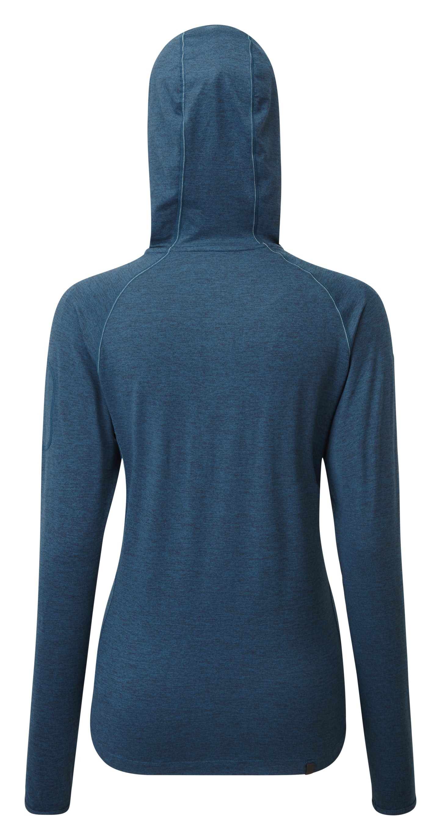 Women's hoodie - Women's life half-zip workout hoodie by Ronhill. Made of regulate fabric, it is a breathable material capable of wicking. The workout hoodie is a relaxed fit with a reflective trim and a secure pocket, as well as thumb loops. This hoodie is in a legion blue marl colour. The hoodie photo shows the back view.