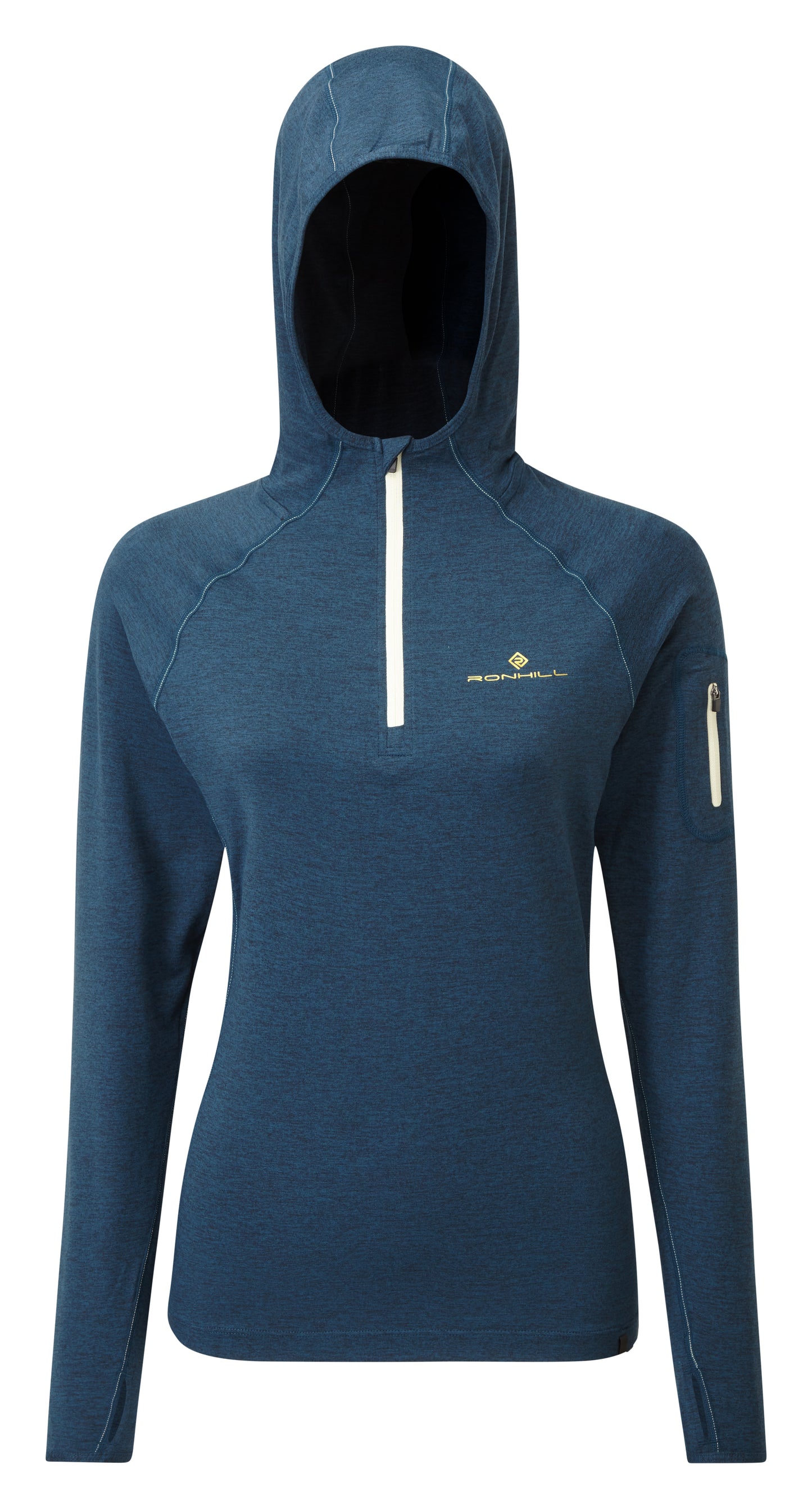 Women's hoodie - Women's life half zip workout hoodie by Ronhill. Made of regulate fabric, it is a breathable material capable of wicking. The workout hoodie is a relaxed fit with a reflective trim and a secure pocket, as well as thumb loops. This hoodie is in a legion blue marl colour. The hoodie photo shows the front view.