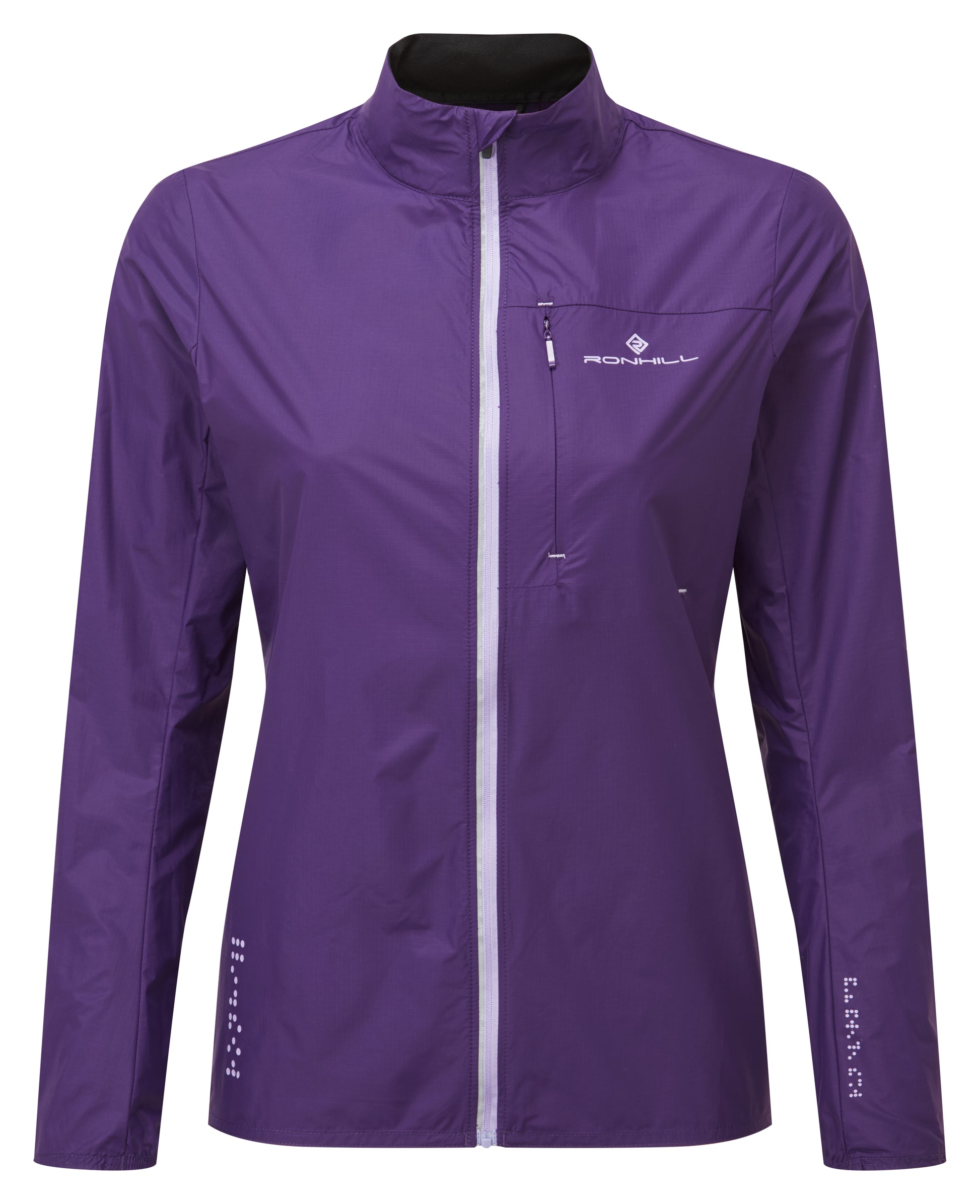 Women's Jacket - Women's Tech LTW Jacket by Ronhill. This jacket is light with a perfect balance of breathability and wind resistance and will keep you protected during days when it's drizzly and gusty. This jacket is in an imperial ultra violet colour. The jacket in this picture is a front view.