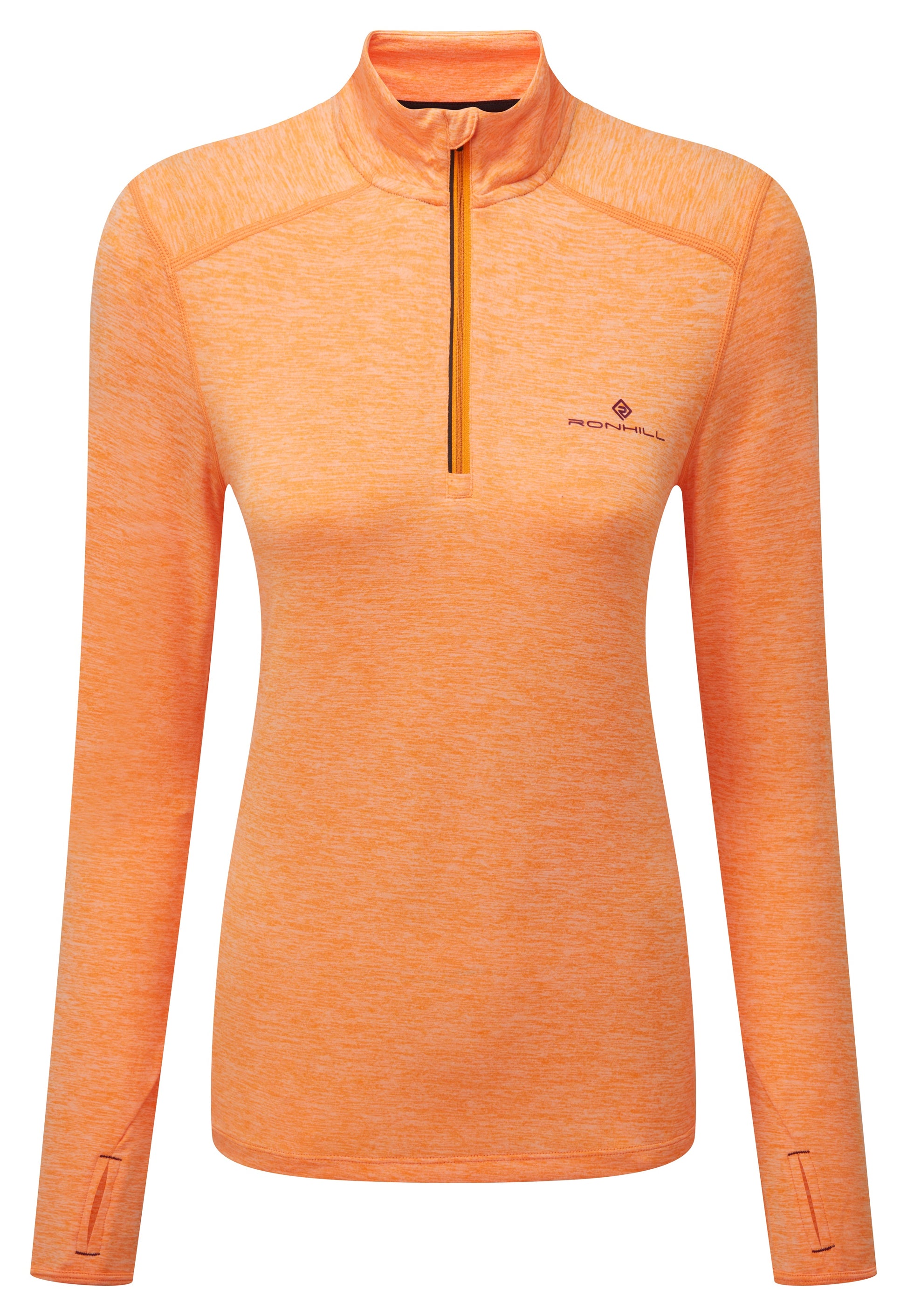 Women's long sleeve tee - Women's life half zip long sleeve tee by Ronhill. Made of regulate fabric, it is a breathable material capable of wicking. The workout hoodie is a relaxed fit with a reflective trim and a secure pocket, as well as thumb loops. This half-zip long sleeve tee is in a mango/grape marl colour. The long sleeve tee photo shows the front view.