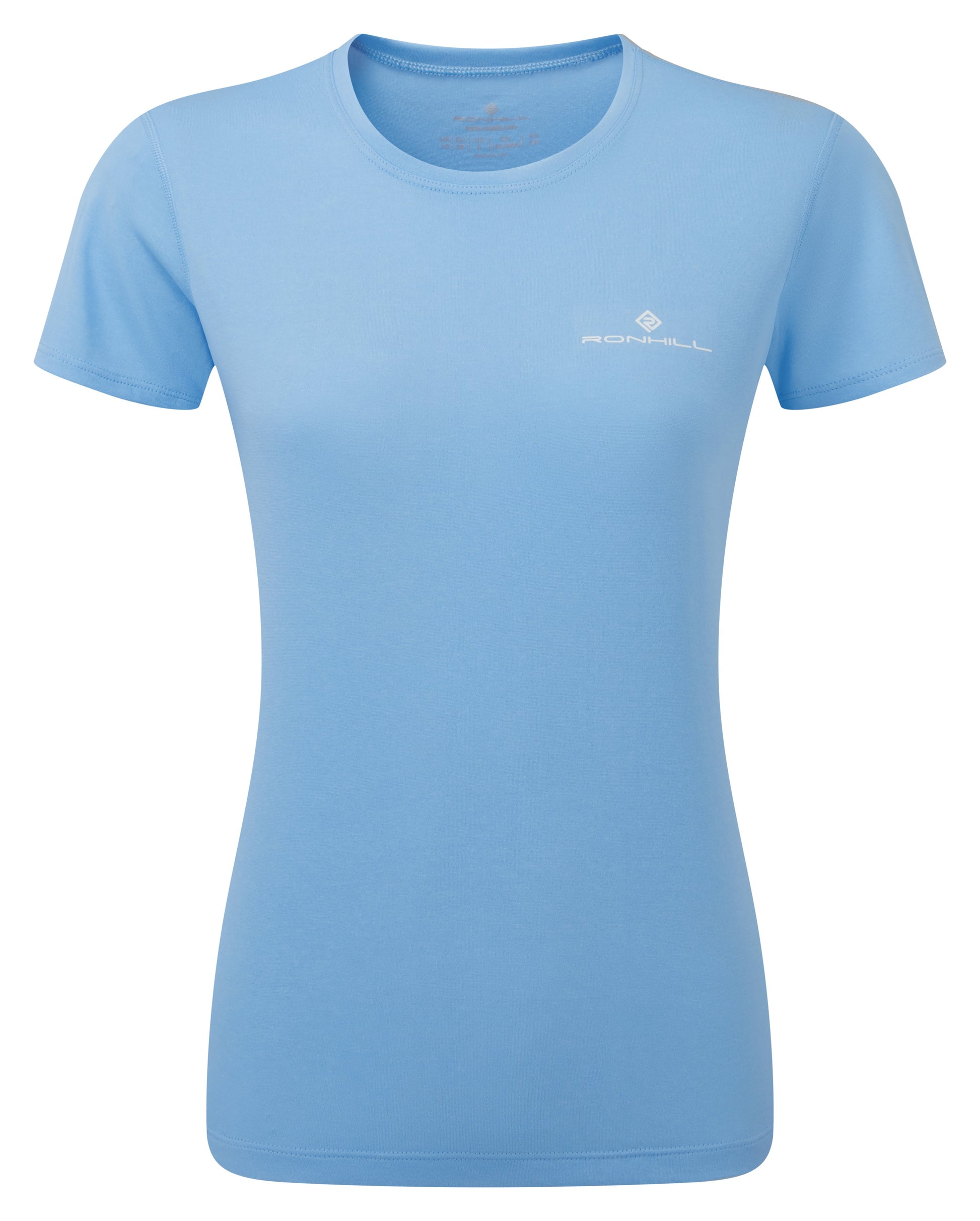 Women's short sleeve tee. This is a womens's core short sleeve sleeve tee by Ronhill. It has a relaxed fit, made of a breathable 100% polyester vapourlite fabric, has wicking. A great women's short sleeve running tee. Picture is the front view of the tee and is cornflour blue in colour.