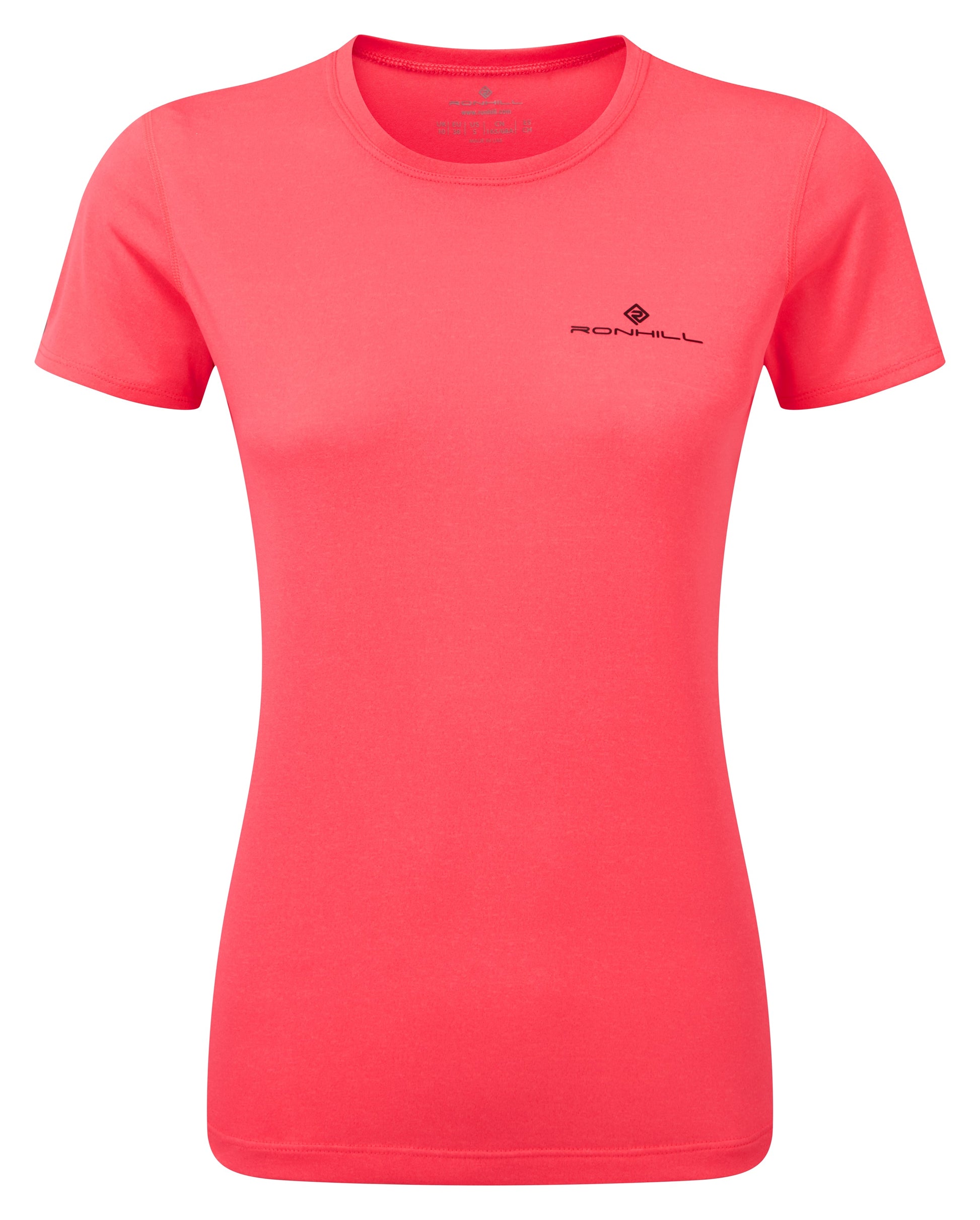 Women's short sleeve tee. This is a women's core short sleeve sleeve tee by Ronhill. It has a relaxed fit, made of a breathable 100% polyester vapourlite fabric, has wicking. A great women's short sleeve running tee. Picture is the front view of the tee and is hot pink in colour.