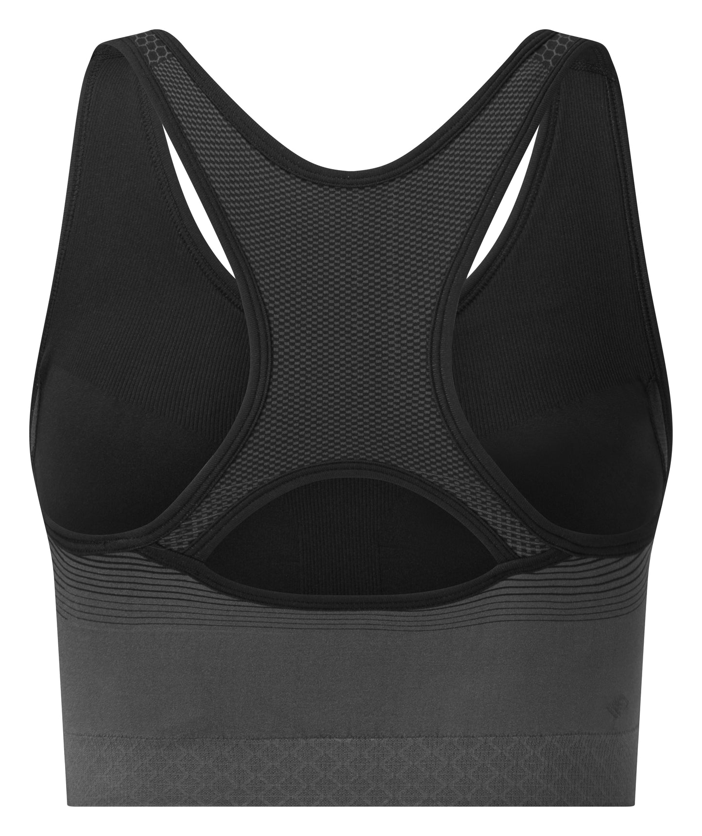 Women's sports bra by Ronhill - New soft, comfortable and wicking seamless bra that is suitable for an A to C cup. Featuring nude-colour insert pads. Ideal for multi-activities - running, stretch, yoga and home workouts. This sports bra is black in colour and the photo is a back view of the sports bra.