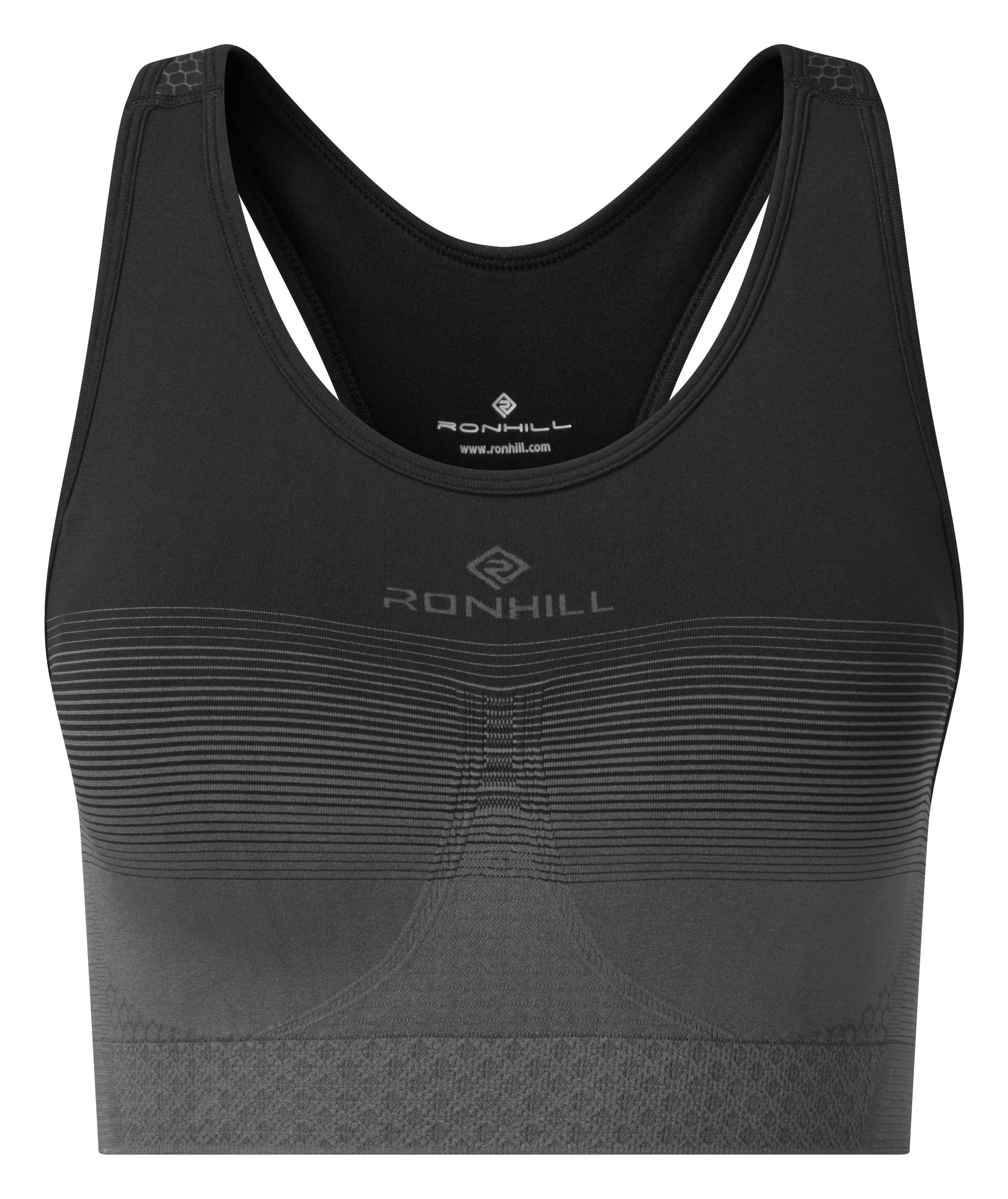 Women's sports bra by Ronhill - New soft, comfortable and wicking seamless bra that is suitable for an A to C cup. Featuring nude-colour insert pads. Ideal for multi-activities - running, stretch, yoga and home workouts. This sports bra is black in colour and the photo is a front view of the sports bra.