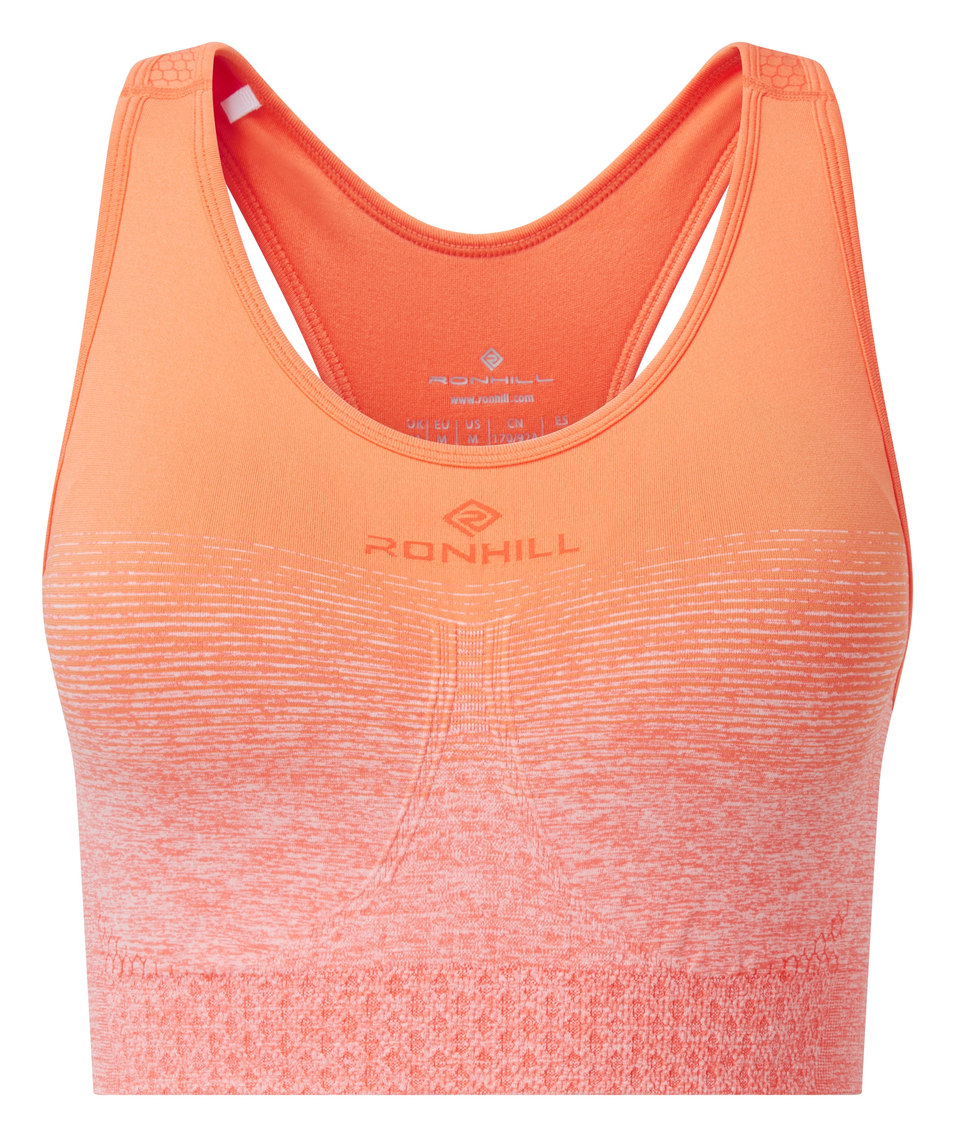 Women's sports bra by Ronhill - New soft, comfortable and wicking seamless bra that is suitable for an A to C cup. Featuring nude-colour insert pads. Ideal for multi-activities - running, stretch, yoga and home workouts. This sports bra is pearl marl in colour and the photo is a front view of the sports bra.