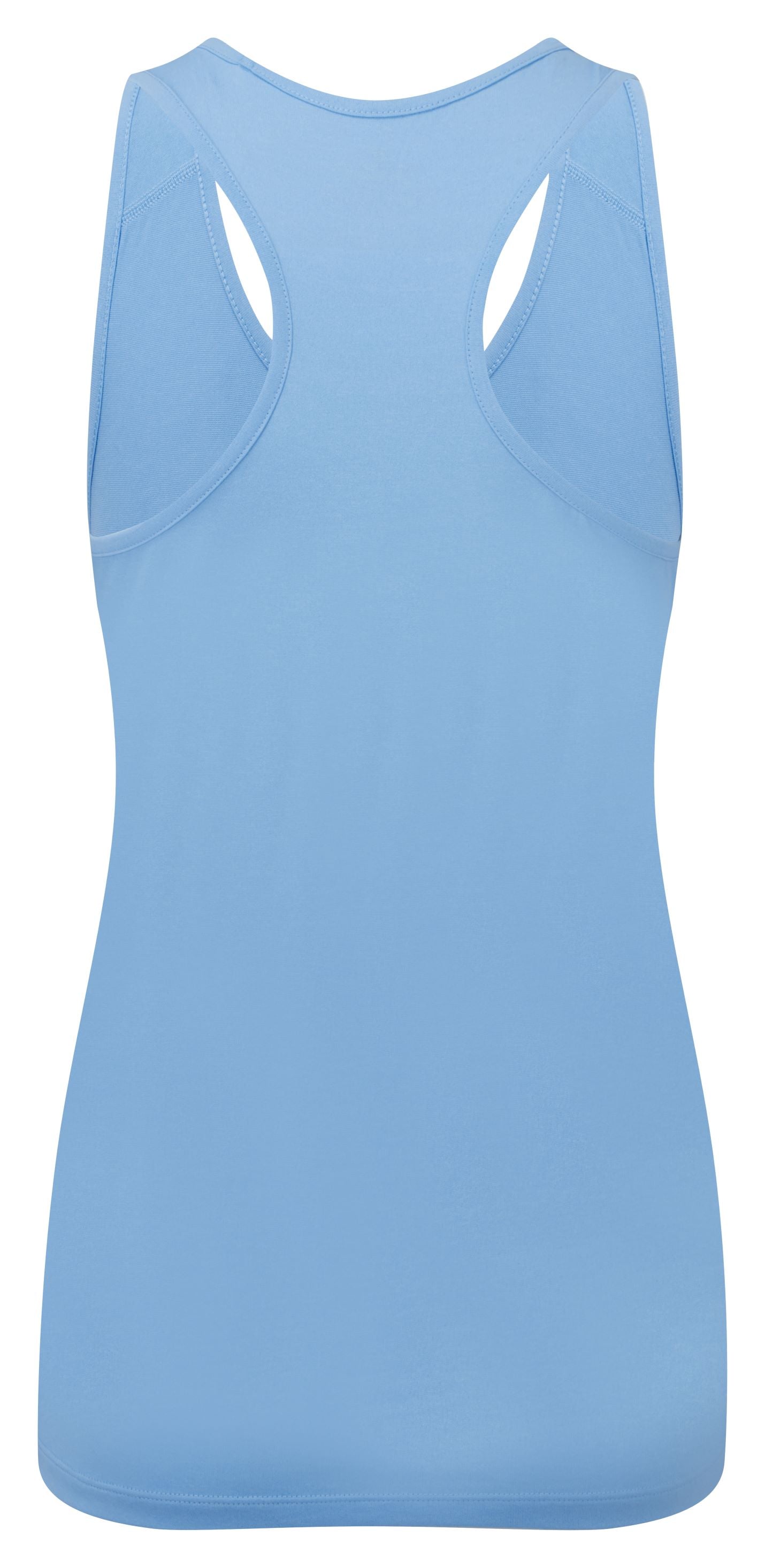 Women's tank top. This is a women's core tank top by Ronhill. It has a relaxed fit, made of a breathable 100% polyester vapourlite fabric, has wicking. A great women's running tank top. Picture is the front view of the tank top and is cornflour blue in colour.