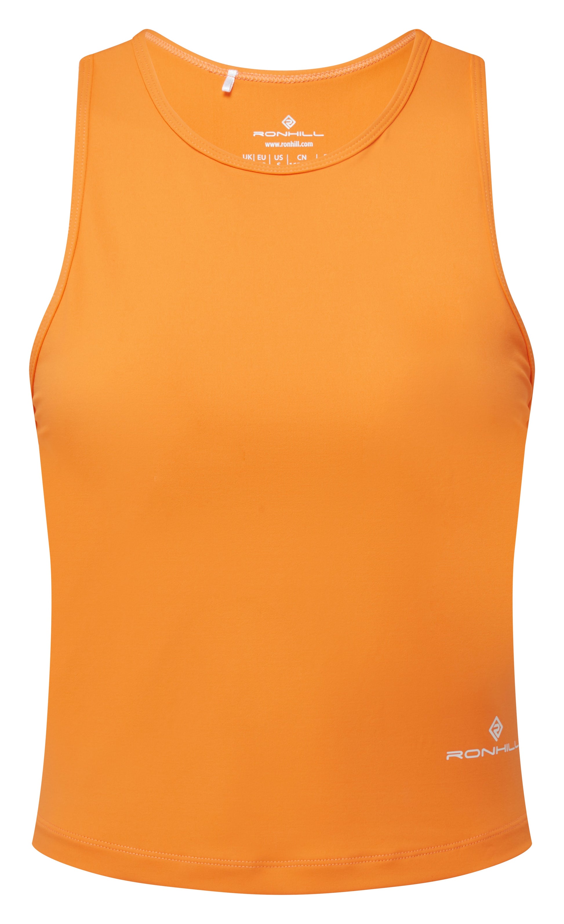 Women's tank top - The life balance women’s training tank top by Ronhill allows you to move with total freedom during your runs, gym workouts or however you love to keep active. Comes with a centre back mobile pocket, stretch for added movement, breathable material, skin fit. This women's tank top is in a mango/limestone colour. The photo shows the front view of the tank top.