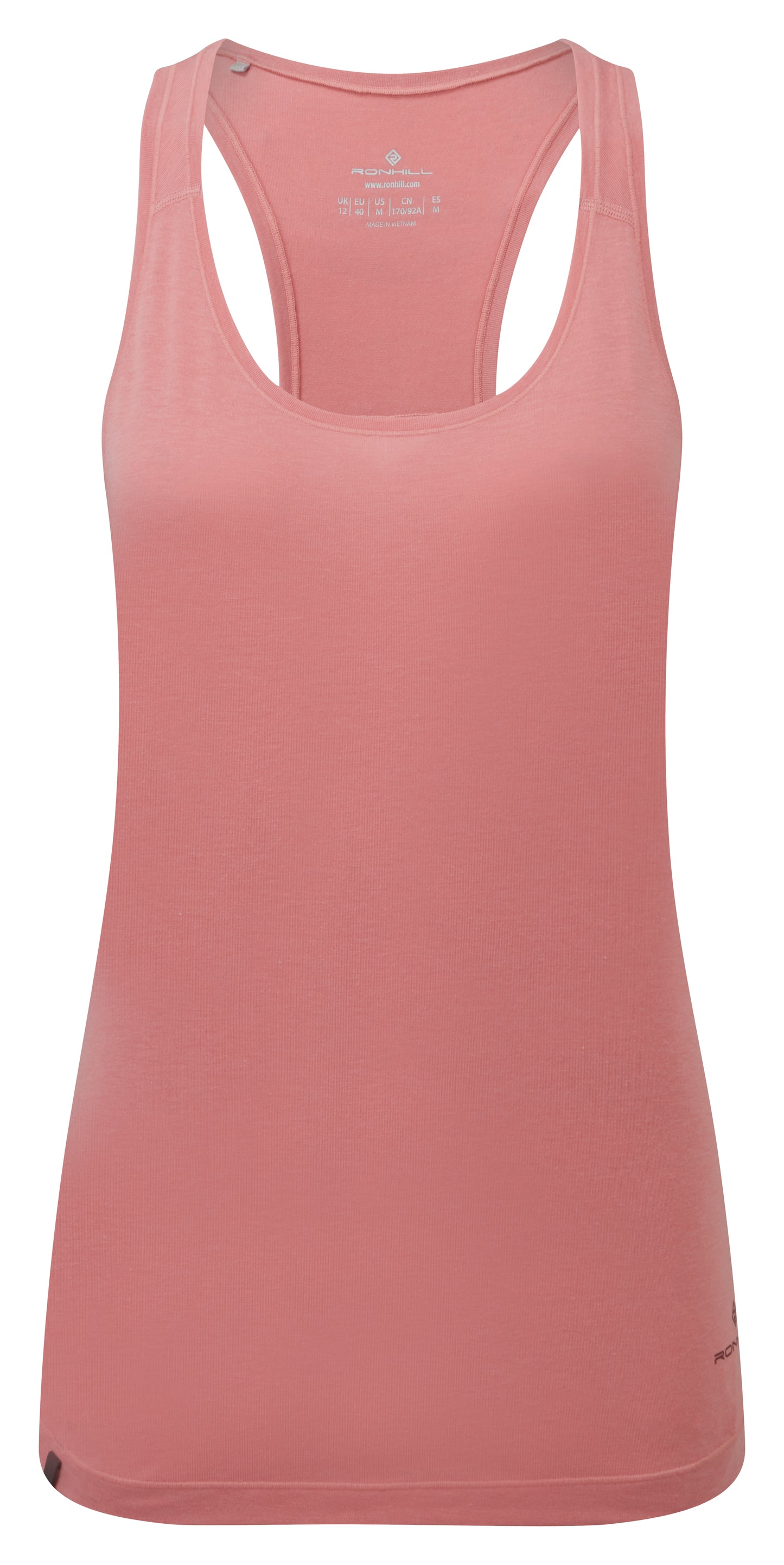 Women's tank top - The women's life tencel tank top by Ronhill features a luxurious, soft, highly breathable, and naturally brilliant at wicking moisture away. Featuring Tencel™ that feels simply amazing next to the skin. With a racer style back this relaxed fit vest will help keep you comfortable run after run after run. This tank top is in a blush marl/cabernet colour and the photo is showing the front view of this women's tank top.