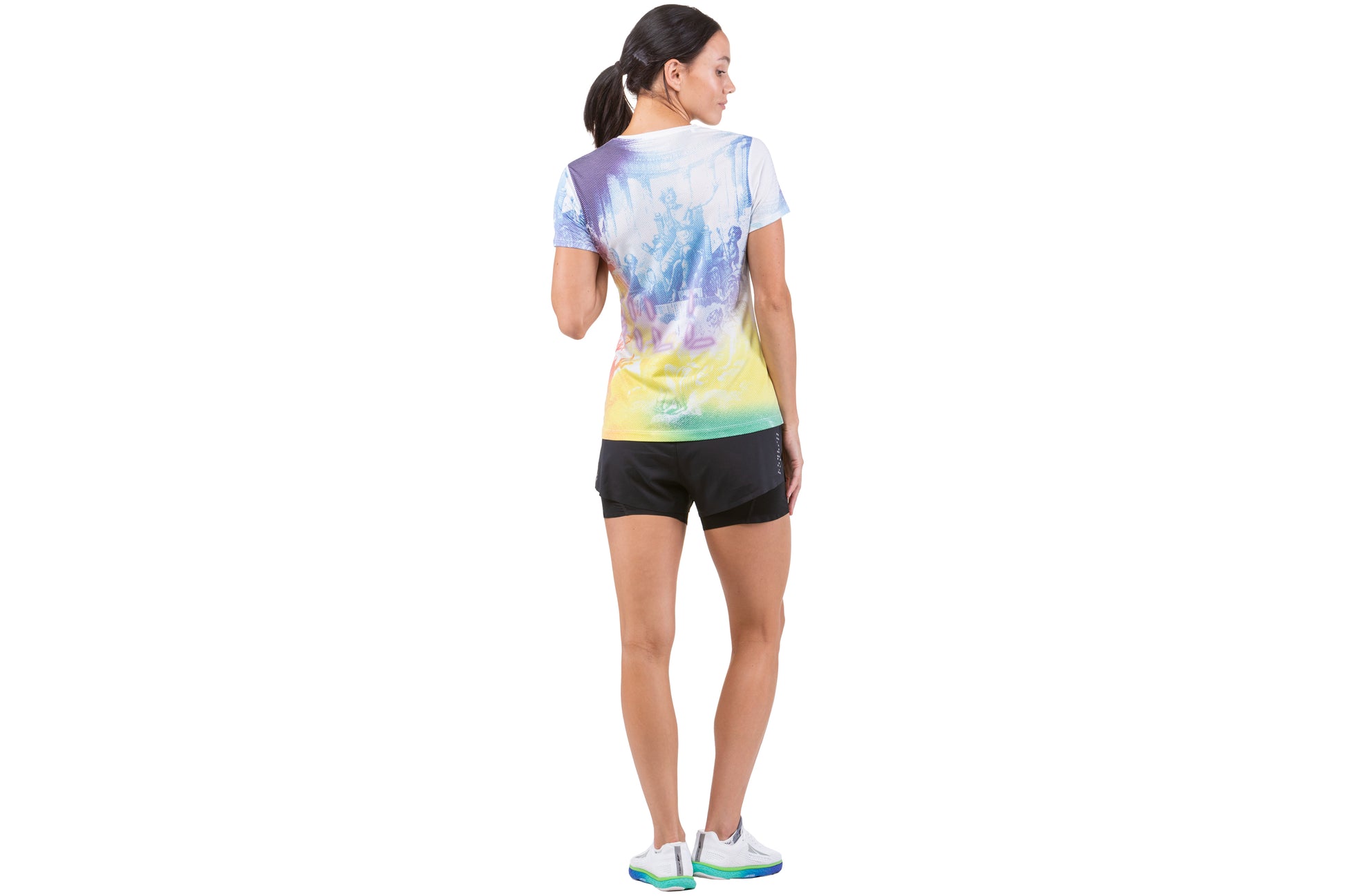 Women's Tee - Tech Golden Hour Tee by Ronhill, designed to keep you cool when the temperature rises with polartec delta fabric. Bright multi-coloured design - Photo shows the back view of the t-shirt being worn by someone