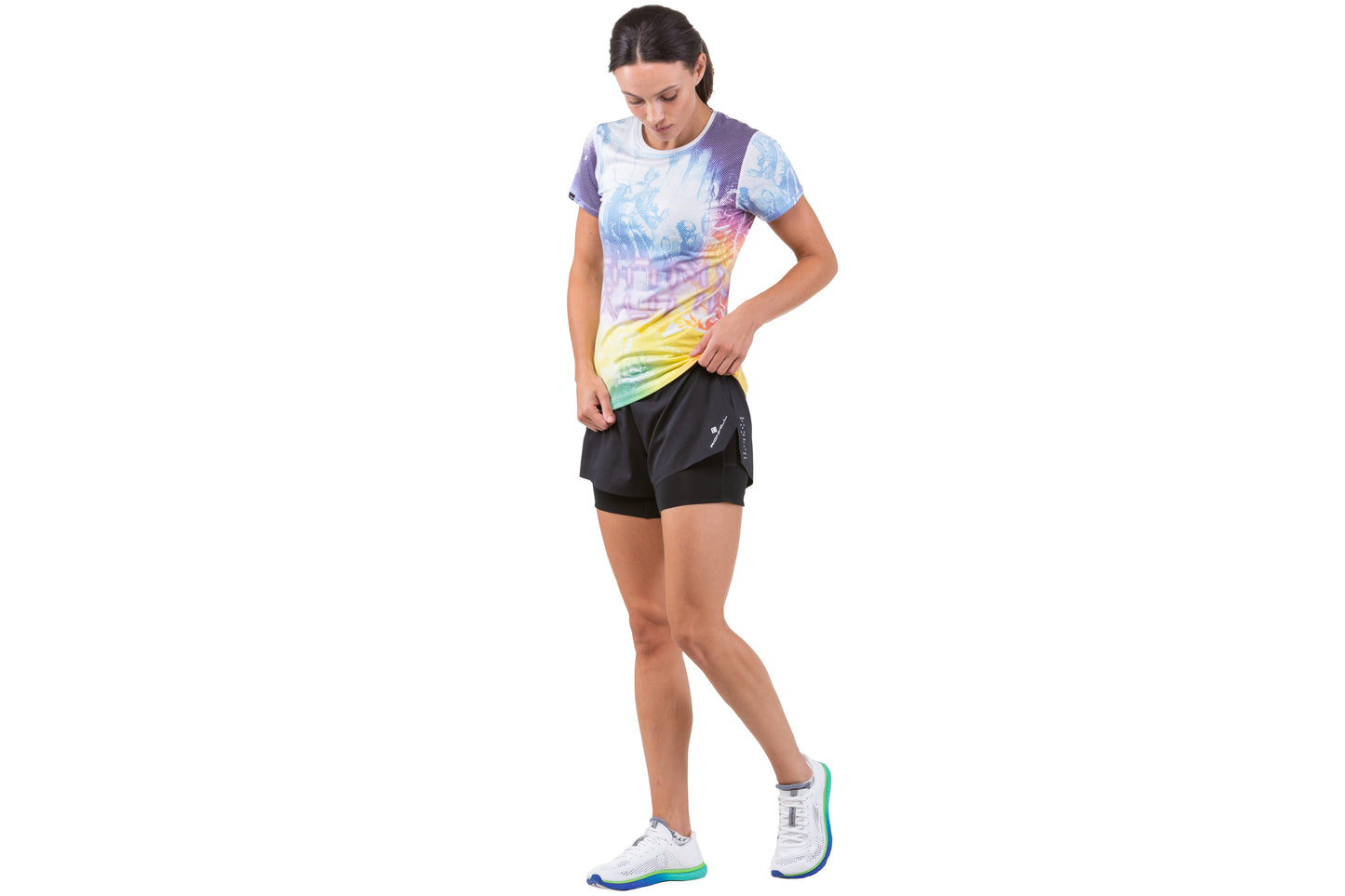 Women's Tee - Tech Golden Hour Tee by Ronhill, designed to keep you cool when the temperature rises with polartec delta fabric. Bright multi-coloured design - Photo shows the front view of the t-shirt being worn by someone