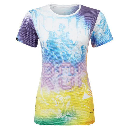 Women's Tee - Tech Golden Hour Tee by Ronhill, designed to keep you cool when the temperature rises with polartec delta fabric. Bright multi-coloured design - Front view