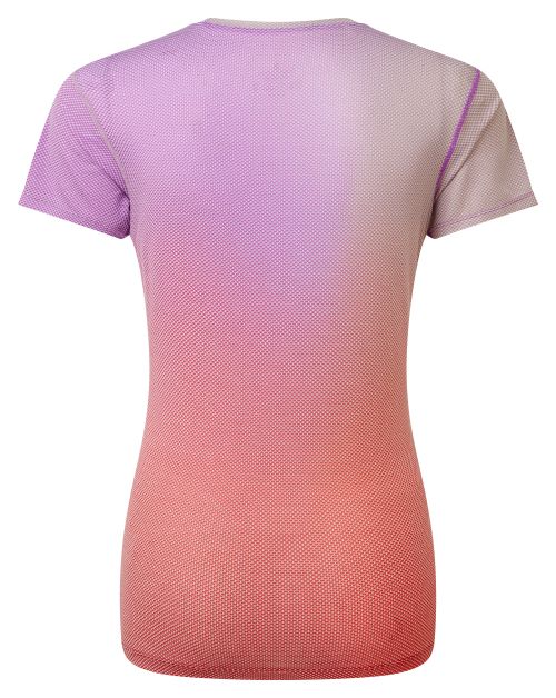 Women's Tee - Tech Golden Hour Tee by Ronhill, designed to keep you cool when the temperature rises with polartec delta fabric. Comes in a colourful design called Jam stardust merge. Photo shows the back view of the tshirt