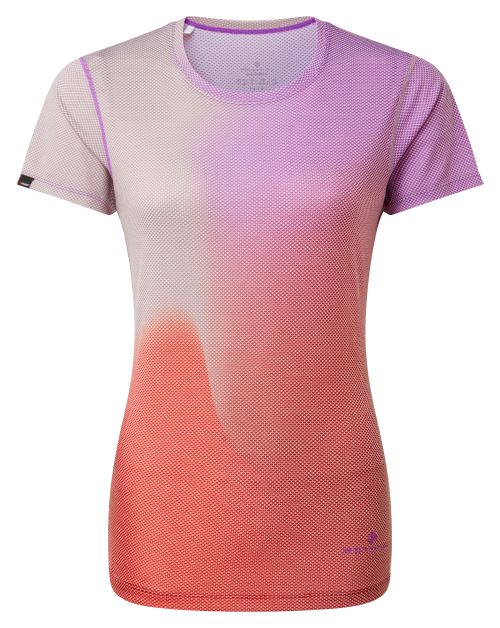 Women's Tee - Tech Golden Hour Tee by Ronhill, designed to keep you cool when the temperature rises with polartec delta fabric. Comes in a colourful design called Jam stardust merge. Photo shows the front view of the tshirt