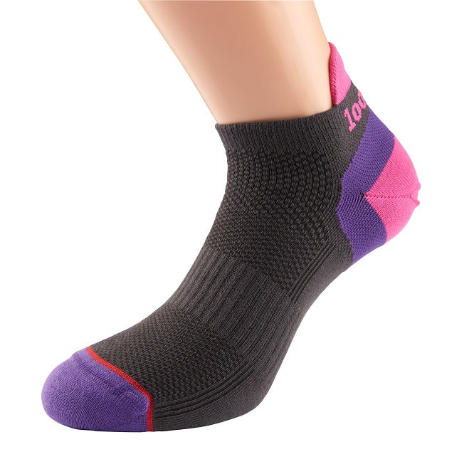 1000 Mile ultimate tactel trainer liner sock in charcoal, purple and pink.